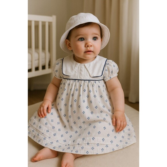 Mamas & Papas Baby Girl Dress 3–6 Months | White & Blue Floral Cotton Dress - Picture 1 of 6